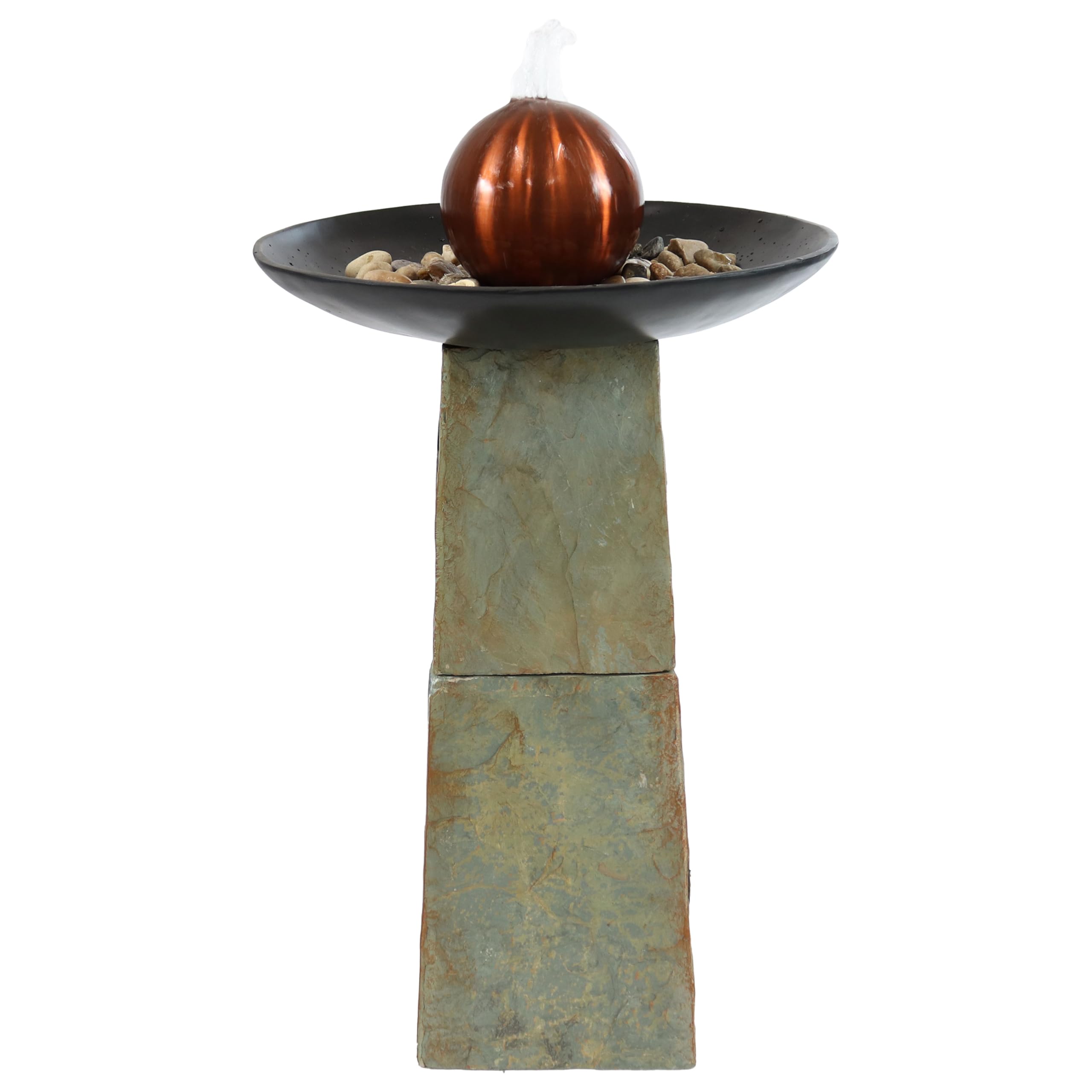 Freestanding Slate Outdoor Water Fountain - 38-Inch H - Modern Decorative Orb Top