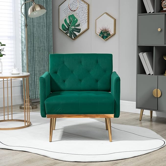 Modern Velvet Accent Chair, Upholstered Single Sofa Chair with Rose Gold Metal Trim, Comfy Living Room Lounge Armchair for Relaxing, Navy Blue