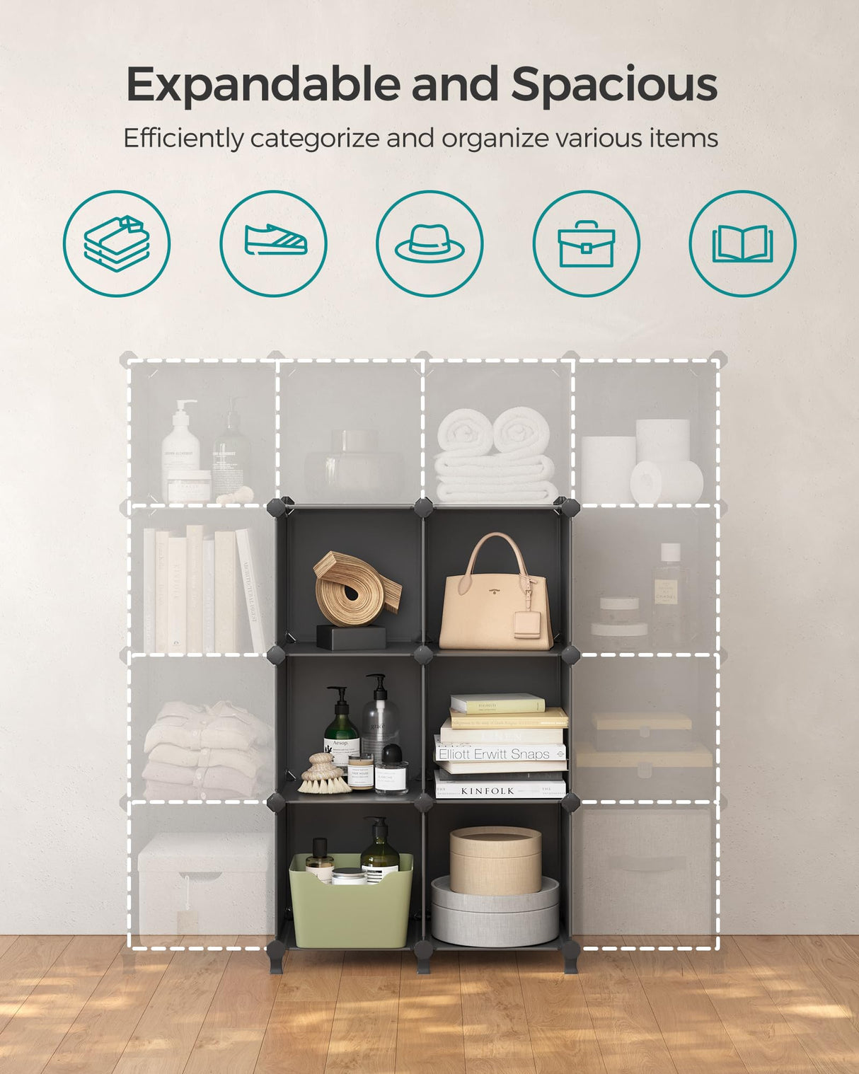 6 Cube Storage Organizer, DIY Closet Shelf, Plastic Clothes Organizer, Modular Bookcase, 11.8 x 11.8 x 11.8 Inch Cubes, with Feet and Rubber Mallet, Black ULPC06H