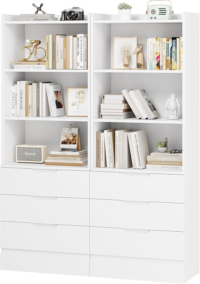 73.23'' Tall Storage Cabinet Bookcase with 3 Drawers and 3-Tier Open Shelves Wooden Bookshelf Kitchen Pantry