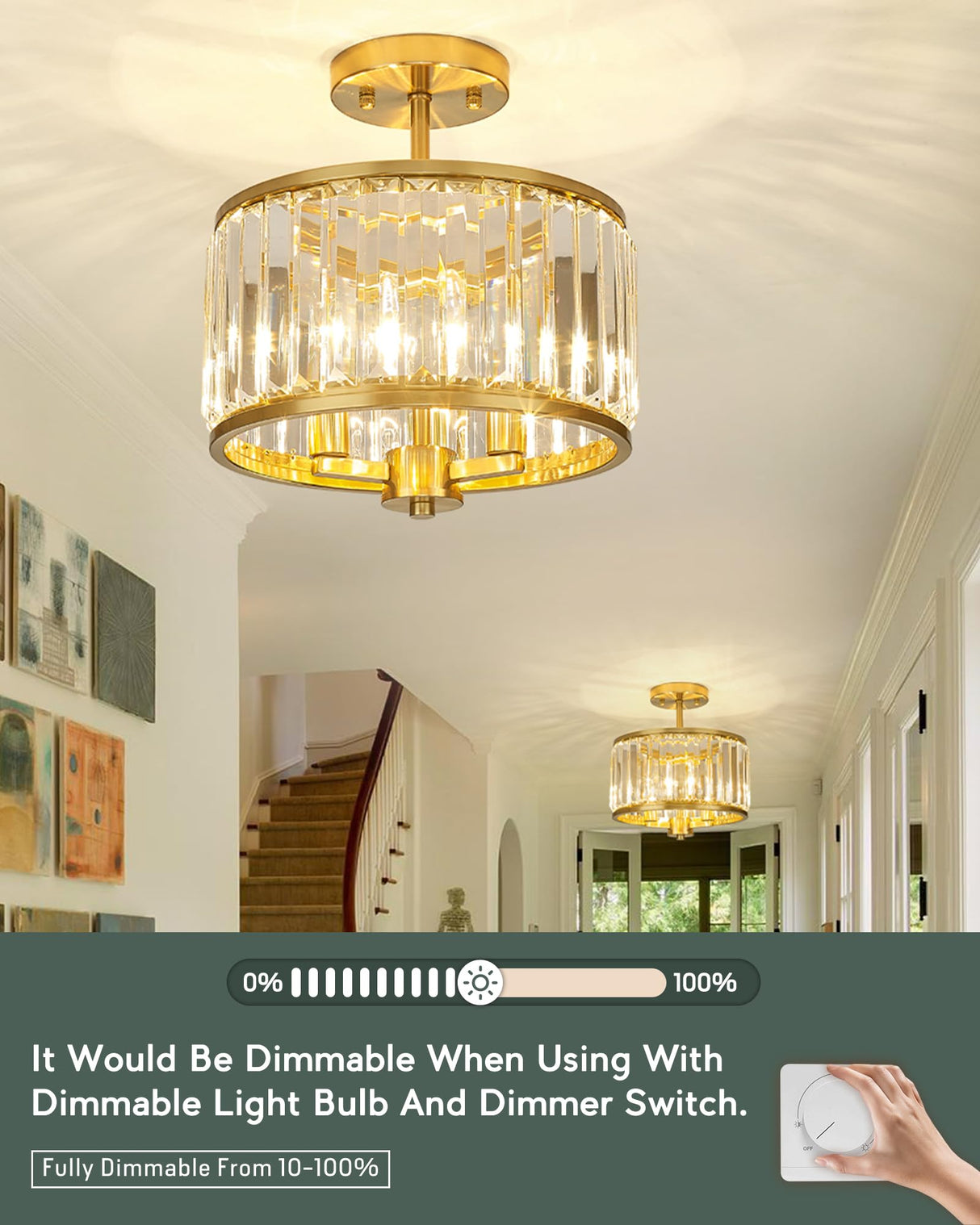 METWET Semi Flush Mount Ceiling Light Fixture, 11" Crystal Light Fixture, 3-Light Modern Lamps with Brush Gold Finish for Bathroom, Dinning Room, Hallway, Bedroom, SM821-BG