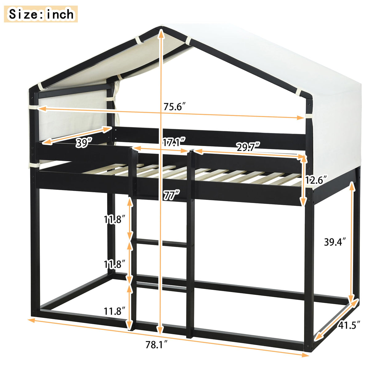 House Bunk Bed Twin Over Twin, Twin Bunk Beds with Ladder and Tent