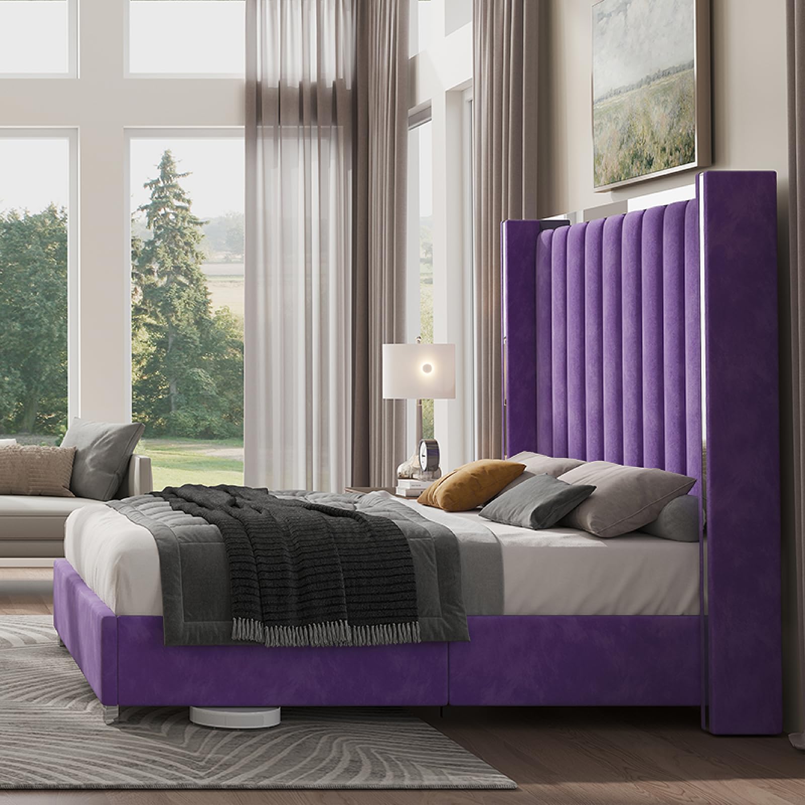 King Velvet Platform Bed with 58" Tufted Wingback Headboard