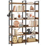 Bookshelf 6 Tier with 4 Hooks, 67” Industrial Wooden Bookcase, Vintage Storage Rack with Open Shelves, Rustic Standing Bookshelves Metal Frame 43.3” Wide Display Rack, Rustic Brown