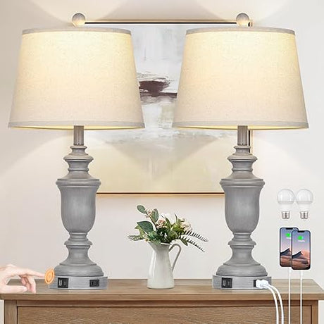 26" Farmhouse Table Lamps Set of 2, Bedside Lamps with USB C+A Ports,