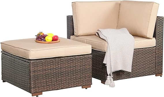 2-Piece Patio Furniture Sofa Set, Outdoor Sectional Sofa, All-Weather Brown PE Wicker