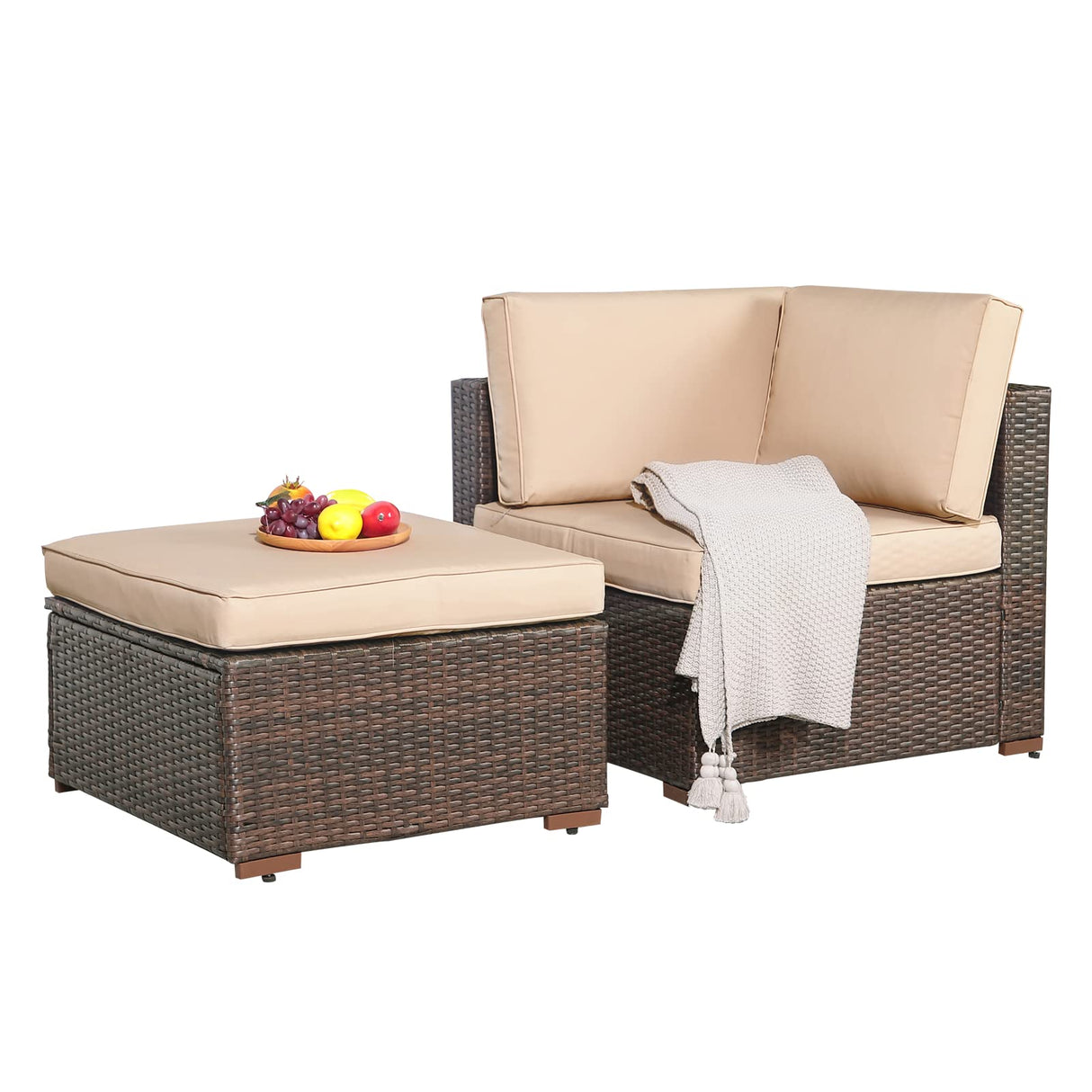 2-Piece Patio Furniture Sofa Set, Outdoor Sectional Sofa, All-Weather Brown PE Wicker