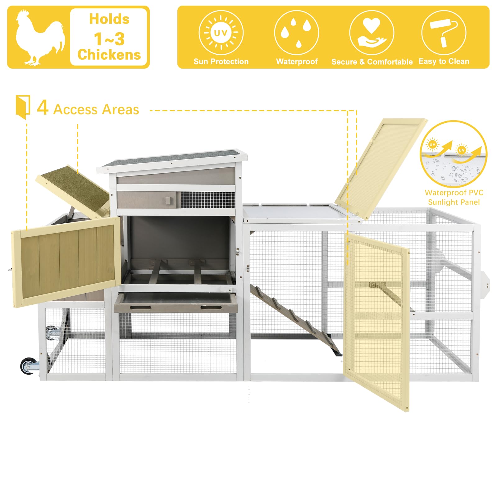 Gowoodhut Chicken Coop Mobile Wooden Hen House with Nesting Box,75" L Outdoor Chicken House with Wheels and Removable Tray,Fir Wood Chicken Tractor with 4 Ventilation Door and Ramp,Grey