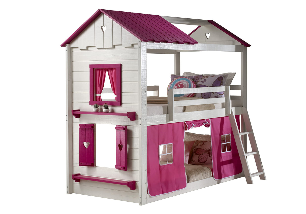 Sweet Heart Novelty Twin Over Twin Bunkbed in White & Pink Finish with Pink Tent