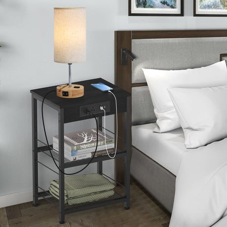 Black Nightstand with Charging Station Industrial End Side Table