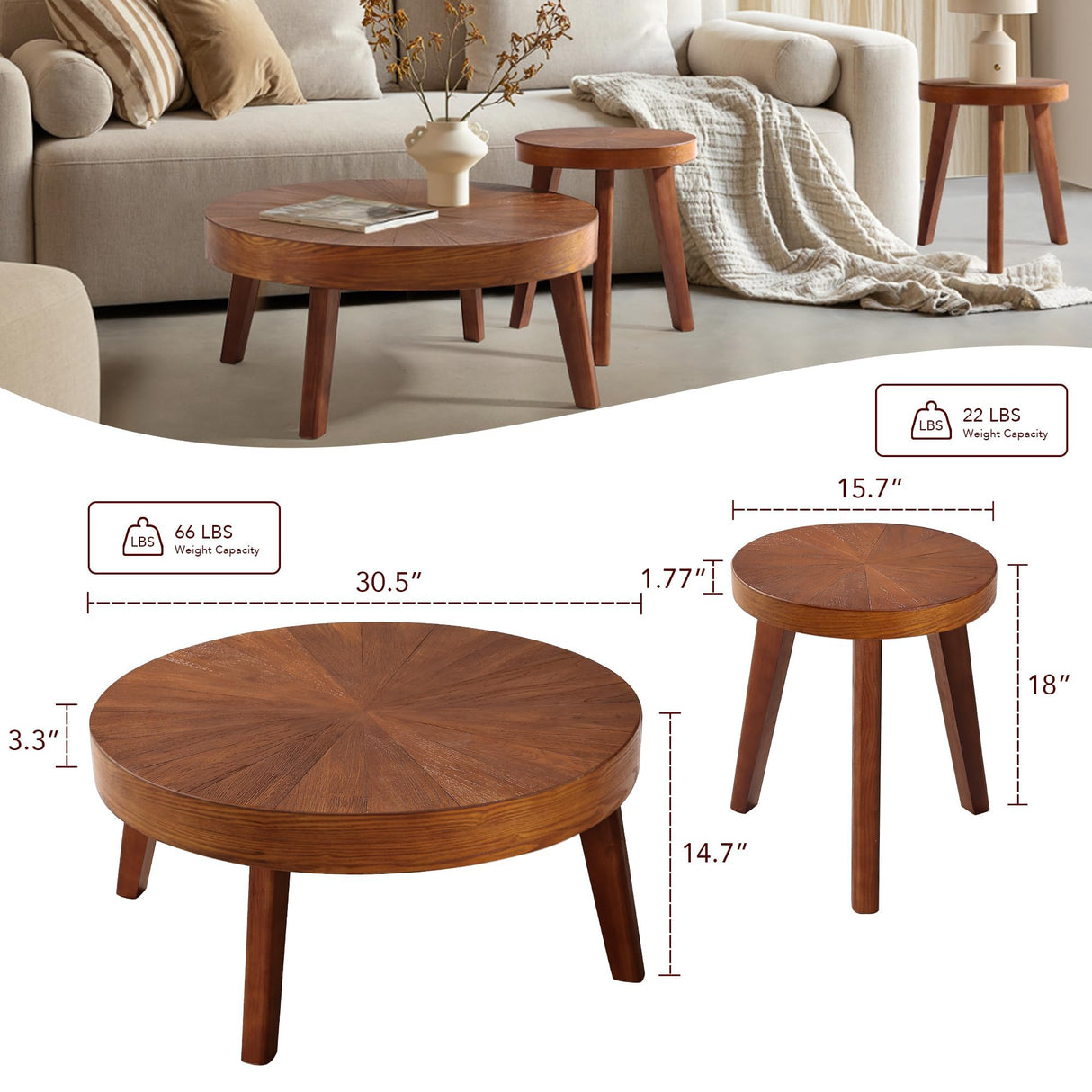 Farmhouse Round Coffee Table Set of 3, Boho Sofa Side Nesting Tables End Table Set