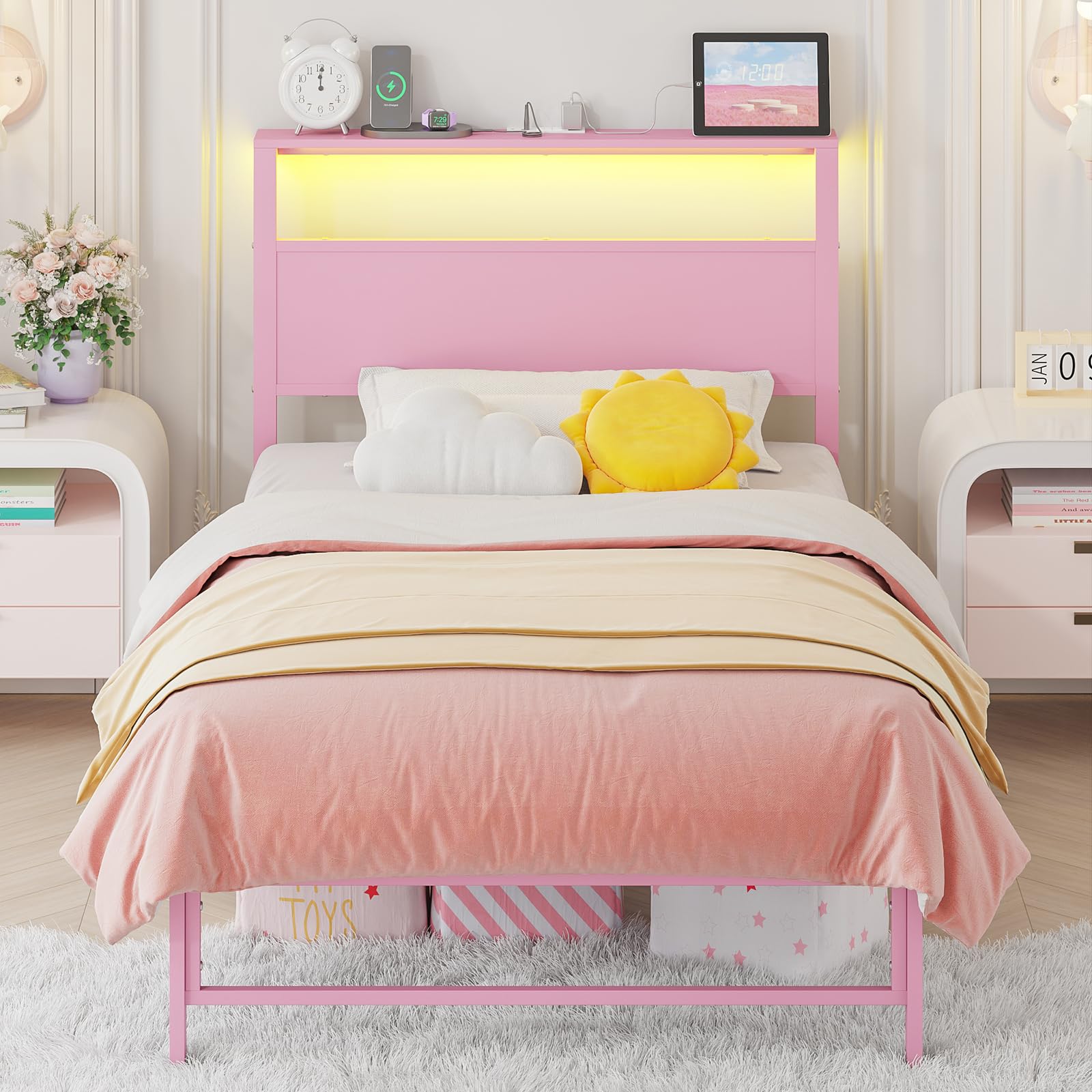 Twin Bed Frame with Storage, LED Lights & Charging Station