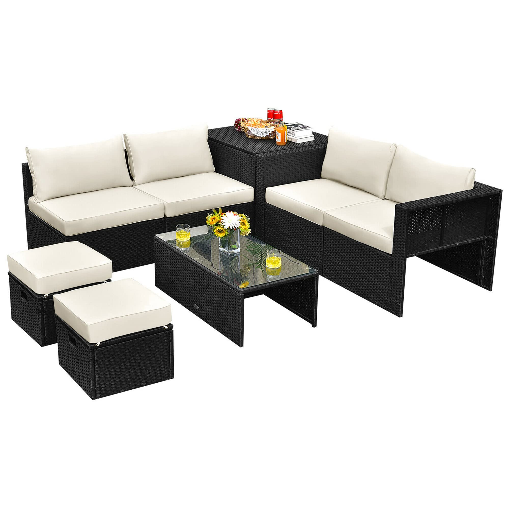 8PCS Rattan Patio Sectional Furniture Set, Wicker Conversation Set