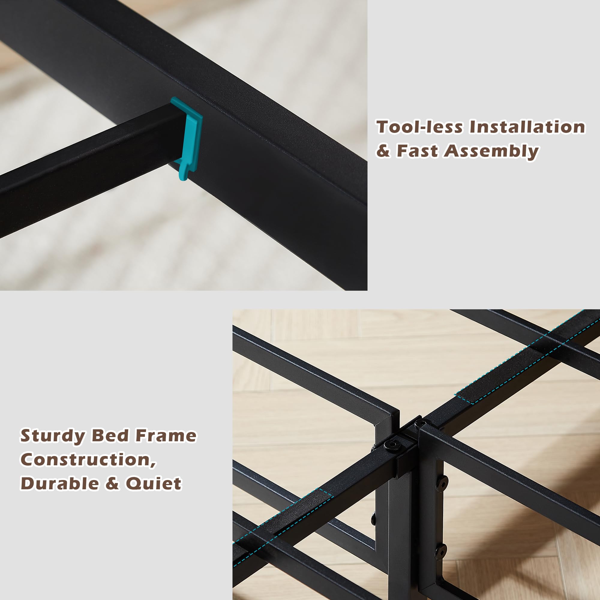 Queen Size Metal Platform Bed Frame with Wood Headboard,9 Strong Support Metal Legs,