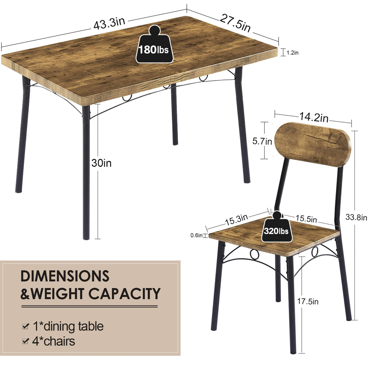 Dining Table Set for 4, 5 Piece Dinette with Chairs for Kitchen, Breakfast Nook