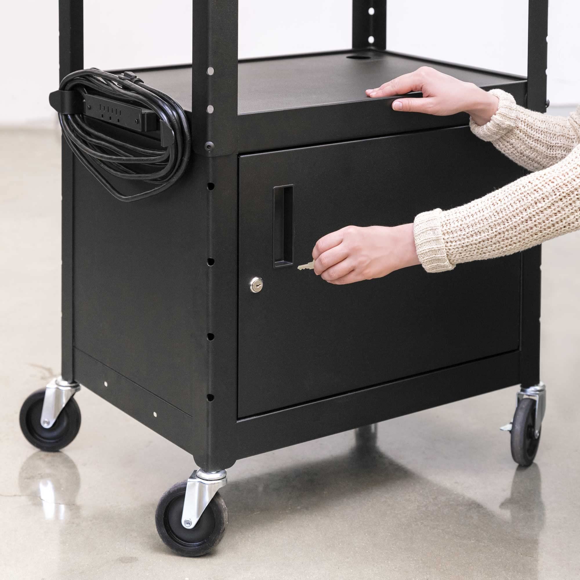 Line Leader Rolling AV Cart with Locking Cabinet, Laptop Stand, and Drop Leaves,