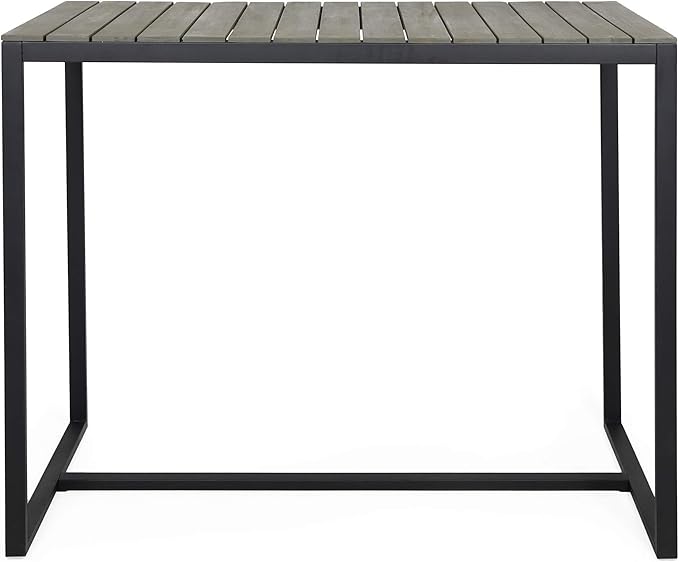 Frieda Outdoor Modern Industrial Acacia Wood Bar Table, Teak Finish + Black