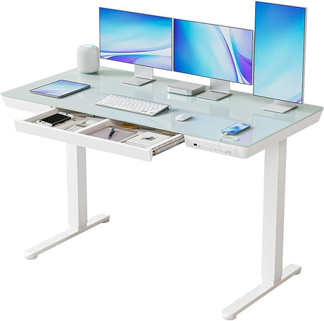 Electric Standing Desk with Drawers, 48 inch Whole-Piece Glass Desktop