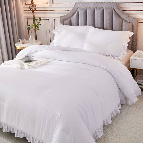 White Comforters Queen Size, 3 Pieces Solid Shabby Chic Farmhouse Bedding