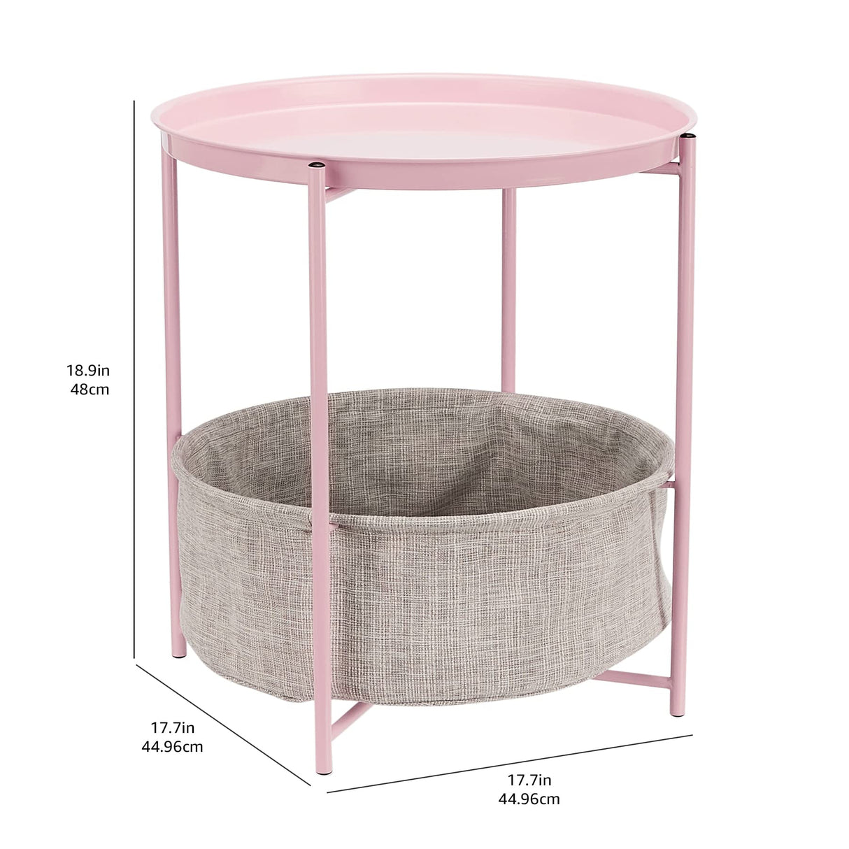 Round Storage End Table, Side Table with Cloth Basket, Dusty Pink