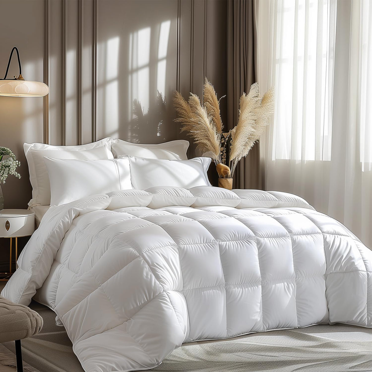 Queen Size Goose Feather Down Fiber Comforter Duvet Insert,Fluffy Ultra-Soft 100% Cotton, Hotel Collection Comforter,56 oz Fill Weight, All Season Medium Warmth 88 x 88 Inch White Solid