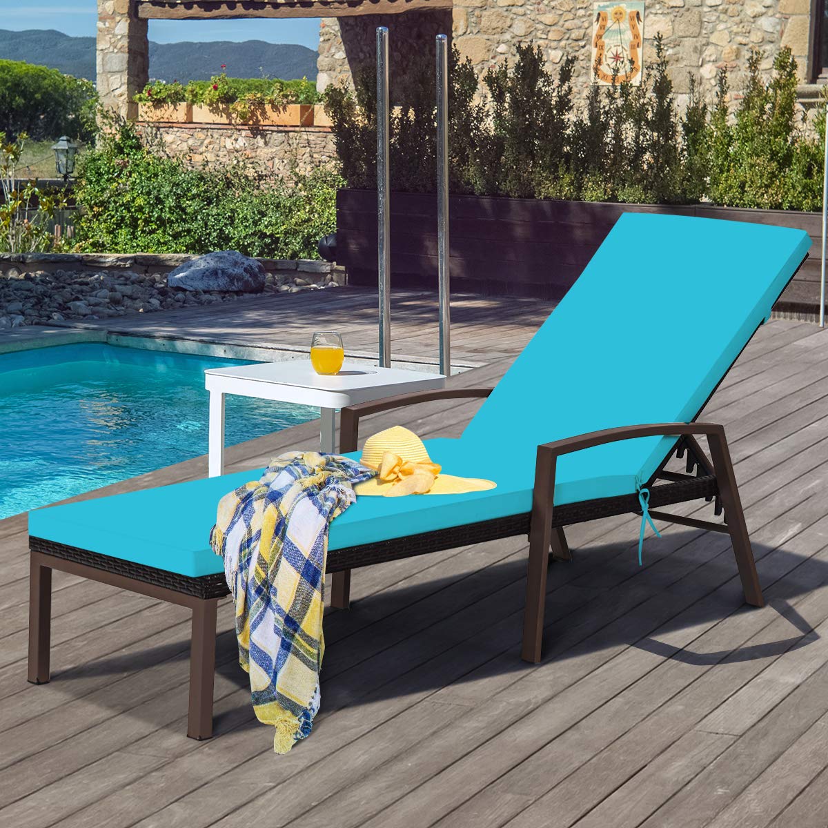 Patio Rattan Lounge Chair, Outdoor Reclining Chaise with Cushion and Armrest
