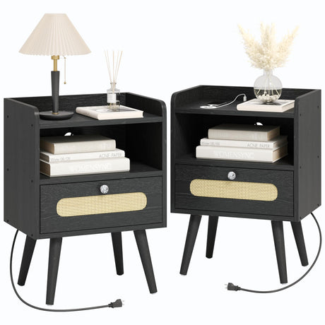 Diamond Décor Nightstands Set of 2 with Charging Station, Rattan Bedside