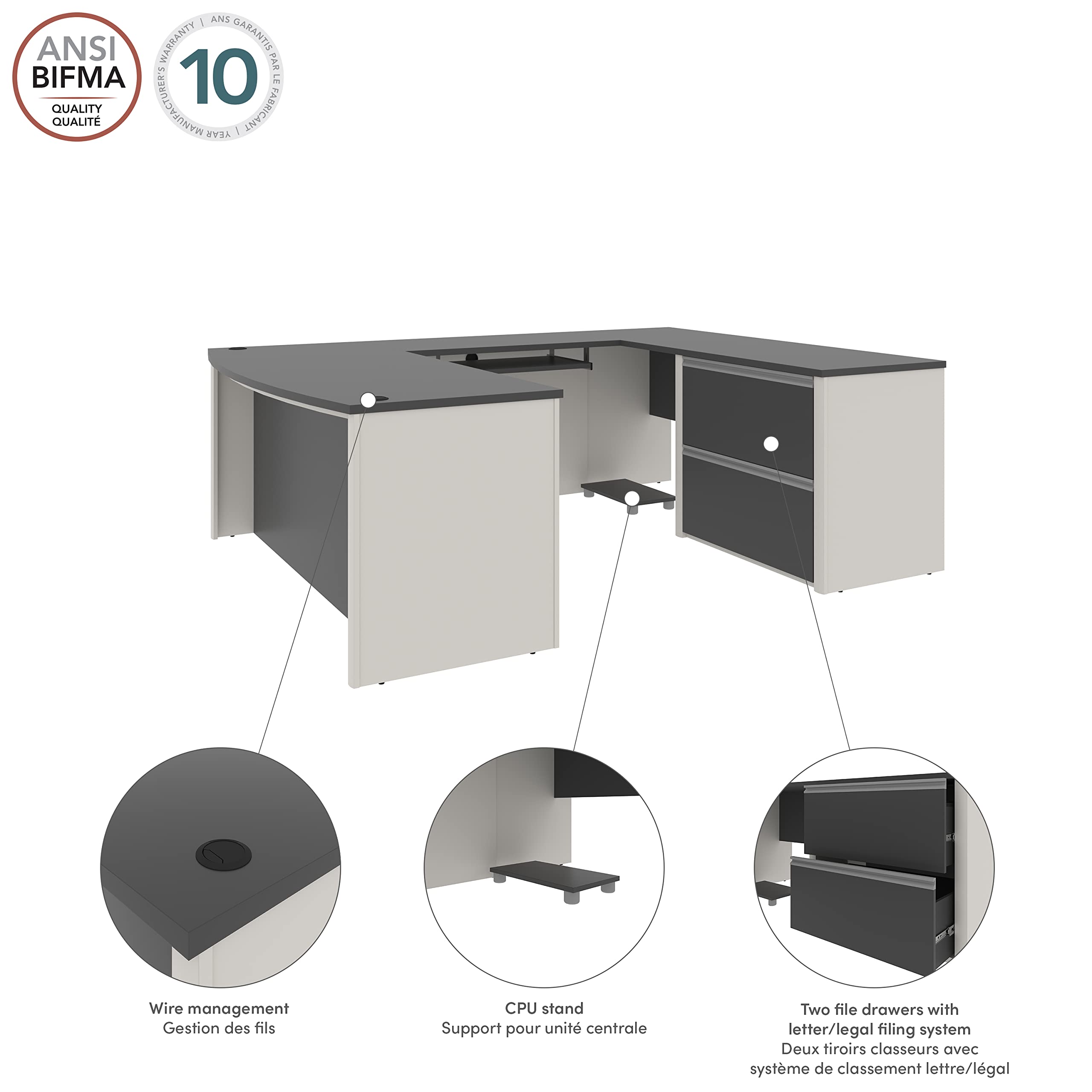 Connexion U-Shaped Executive Desk with Lateral File Cabinet, 72W, Slate/Sandstone