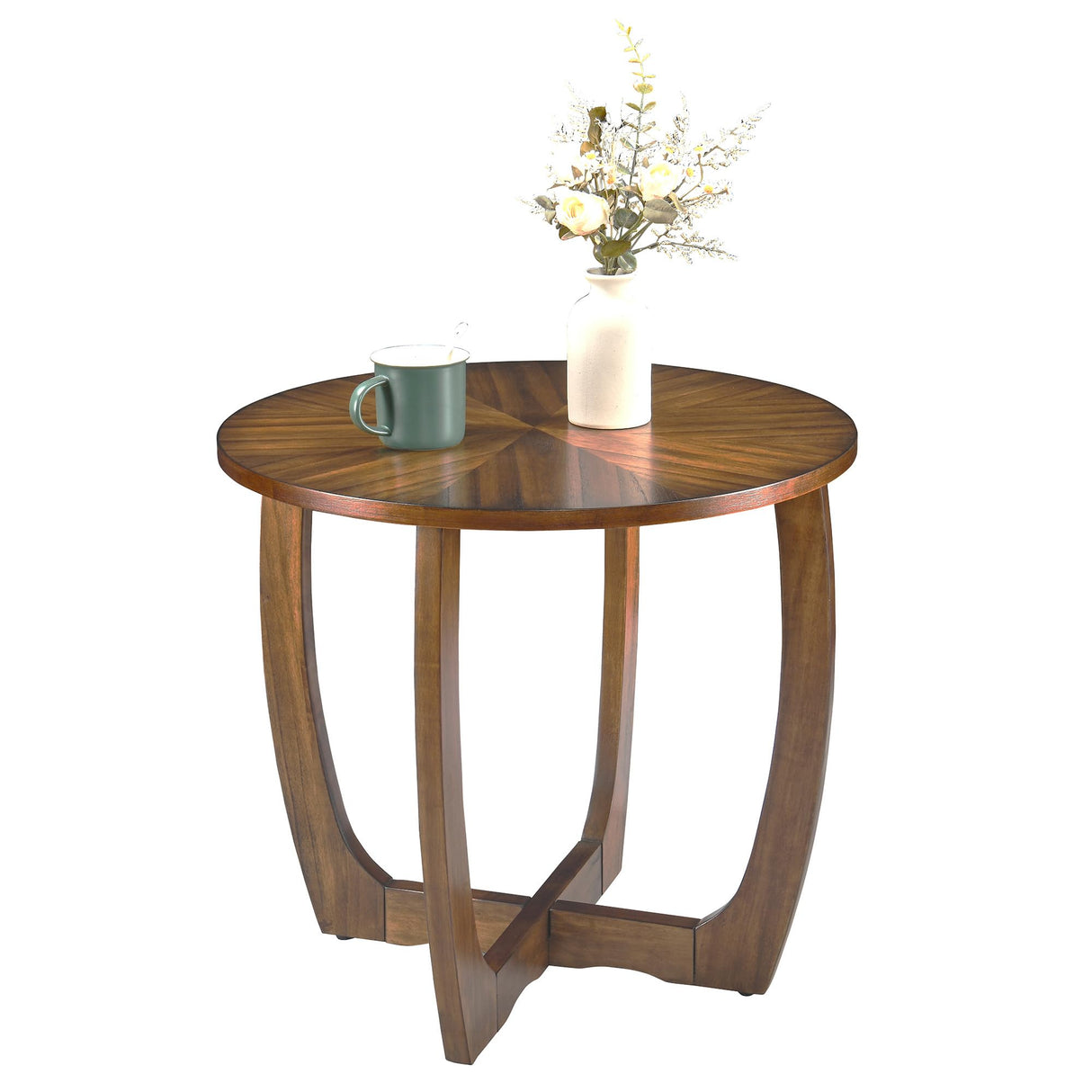 Solid Wood Round End Table with Splicing Top, Farmhouse Sofa Side Table