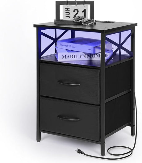 Night Stand with Charging Station, RGB LED Side Table with with Fabric Drawers, Black End Table with USB Ports and Outlets, Beside Table for Bedside