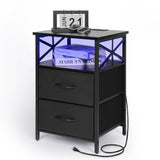 Night Stand with Charging Station, RGB LED Side Table with with Fabric Drawers, Black End Table with USB Ports and Outlets, Beside Table for Bedside