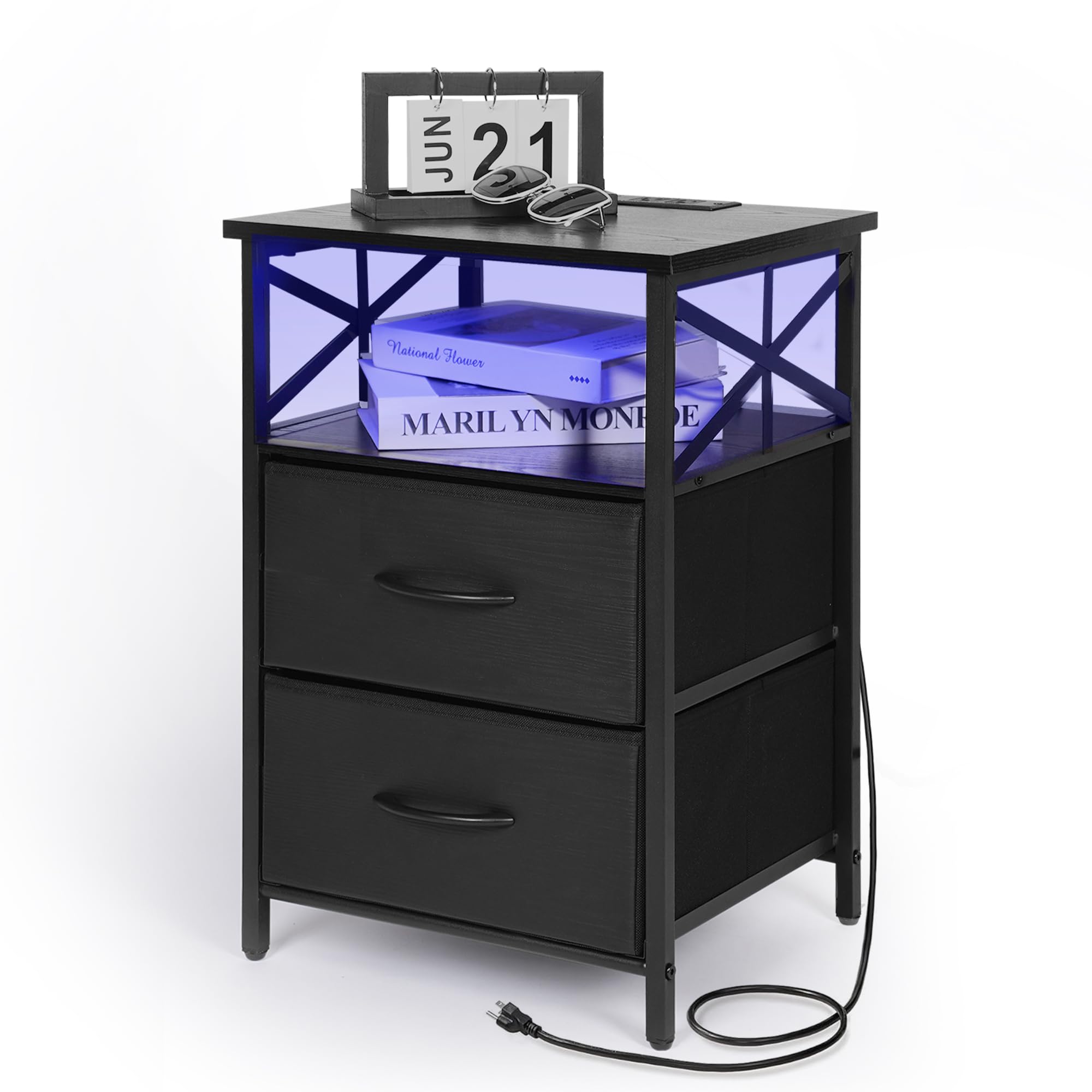 Night Stand with Charging Station, RGB LED Side Table