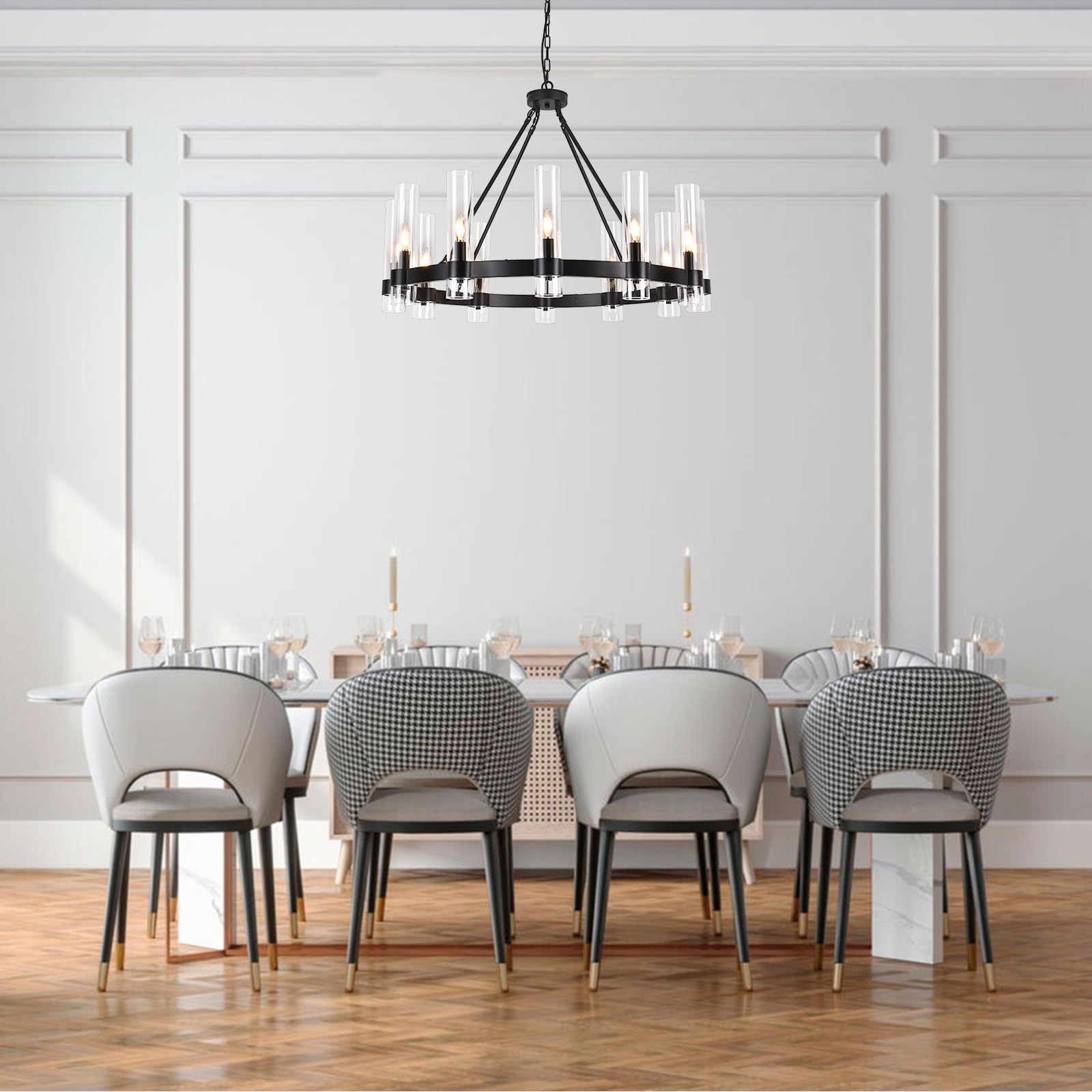 36 Inch Black Wagon Wheel Chandelier with Glass Shade