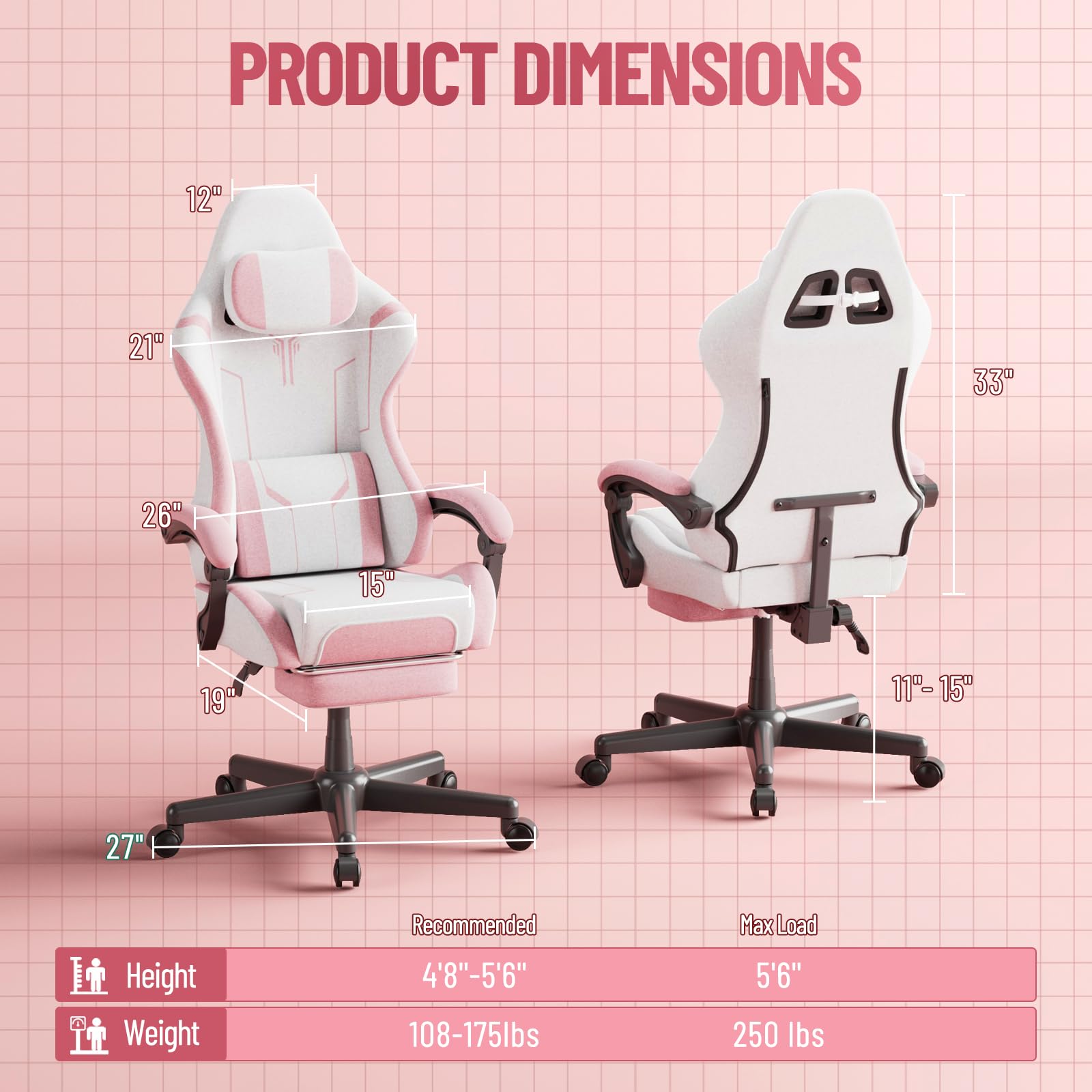 Ergonomic Gaming Chair with Massage Lumbar and Footrest - Pink & White