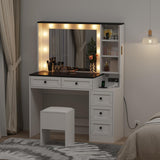 Makeup Vanity Set, Vanity Desk with Lighted Mirror& Charging Station, Makeup Vanity Desk with 5 Drawers& 3-Tier Cabinet, Dressing Table with Upholstered Stool, Wooden Vanity Table for Bedroom, White