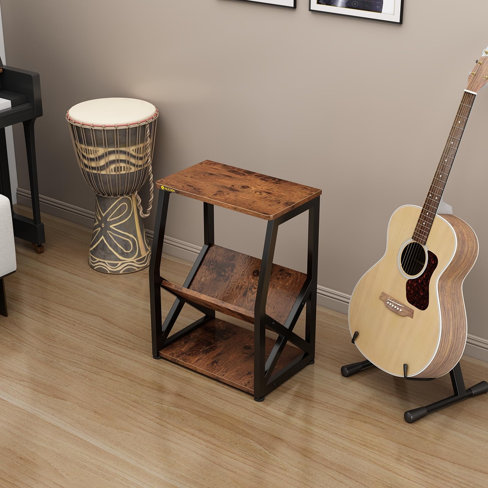 Slim Side Table with Magazine Holder,3 Tier Record Player Stand Table with Storage Shelf