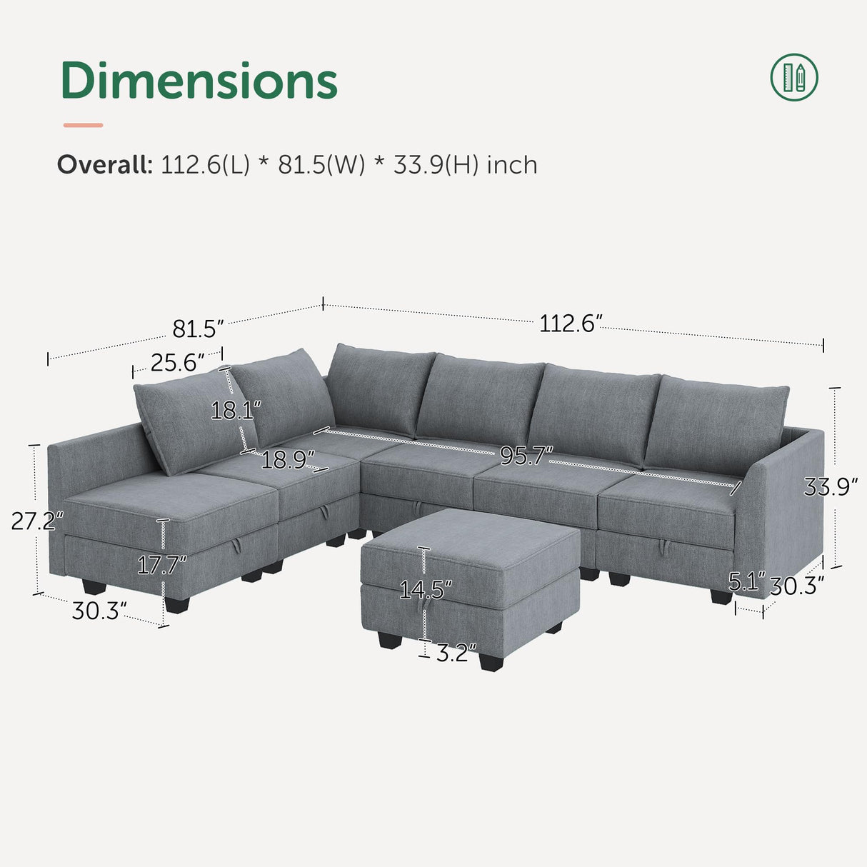 Modular Sectional Sofa with Storage Ottoman Fabric Modular Couch with Reversible