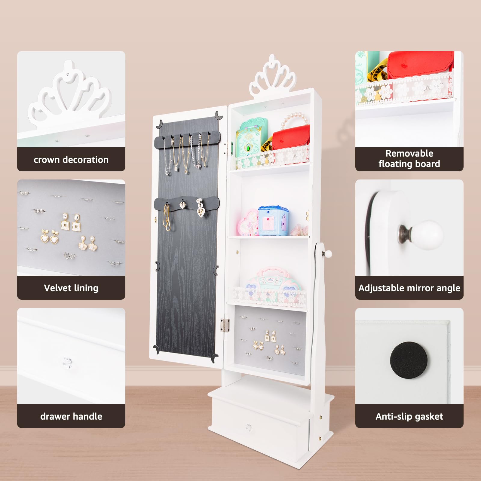 Kids Jewelry Armoire Cabinet, Jewelry Organizer with Standing Full-Length Mirror