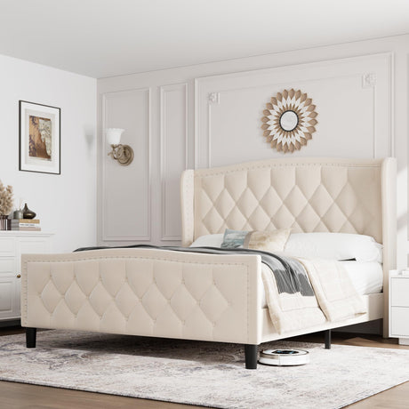 Queen Bed Frame Velvet Upholstered Platform Bed with Wing Side Headboard, Wooden