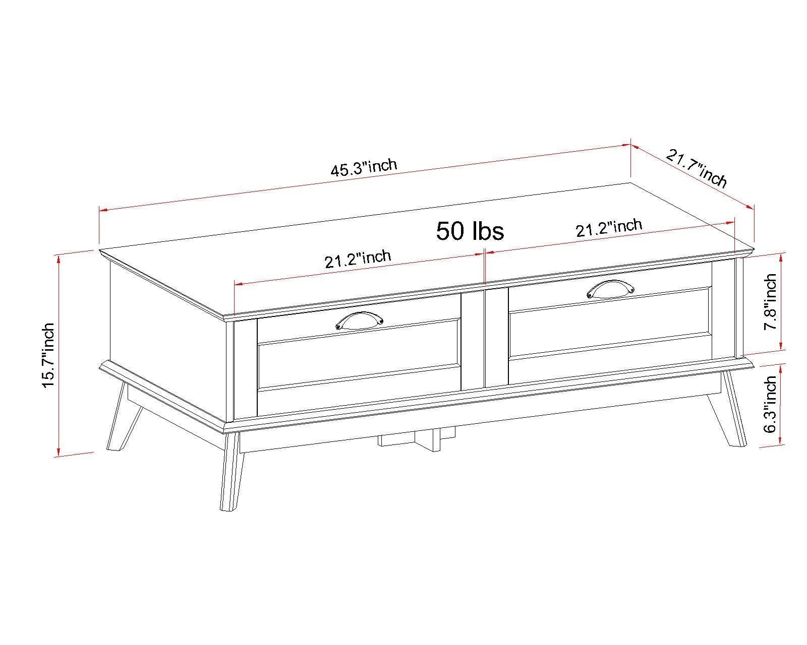 Newport Series Tall Center Coffee Table with Two Fully Extended Drawers | Sturdy and Stylish | Easy Assembly|