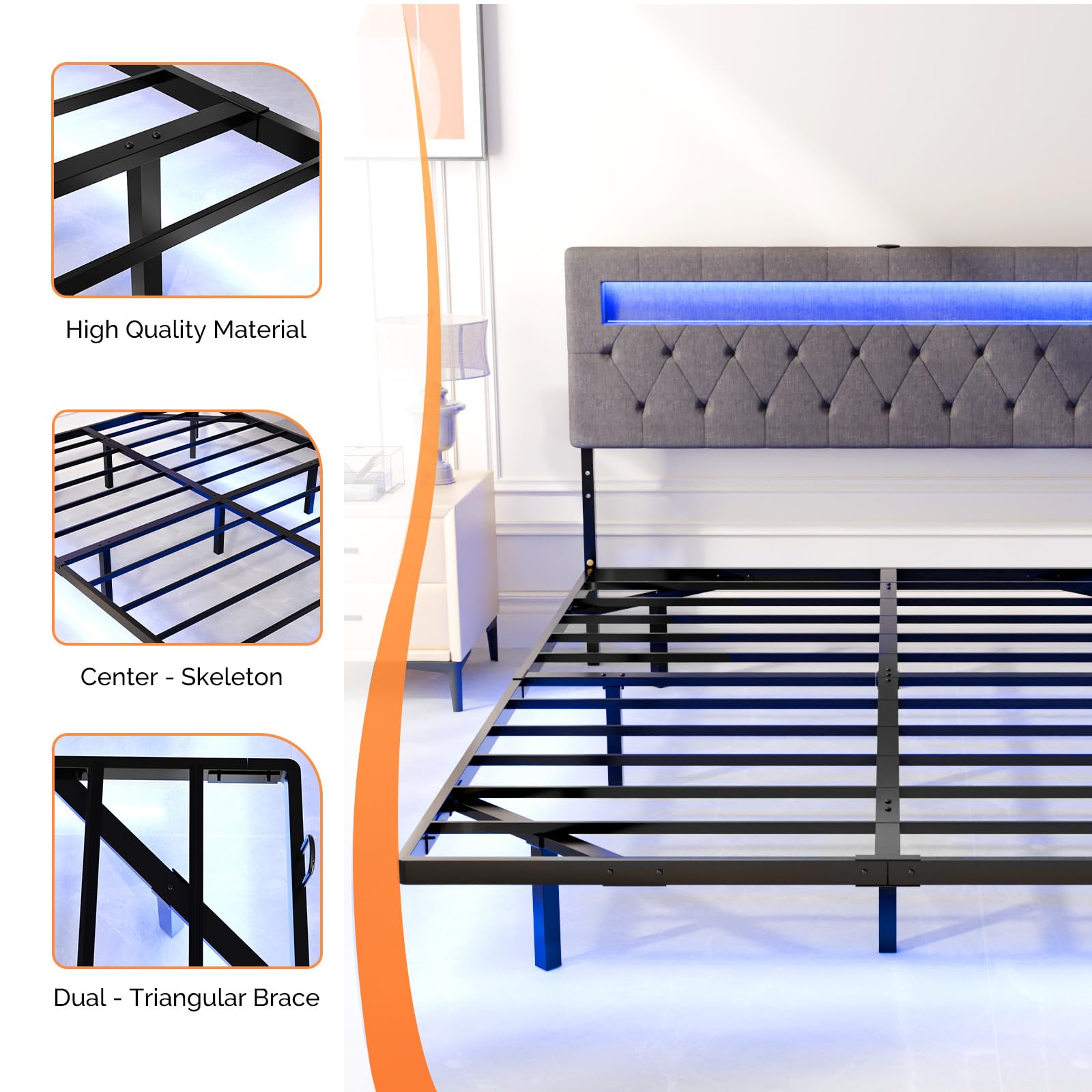 Queen Floating Bed Frame with Charging Station & RGB LED Lights