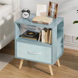 Blue Kids Nightstand with Drawer, Nursery Side Table with Open Storage, 3-Tier Modern