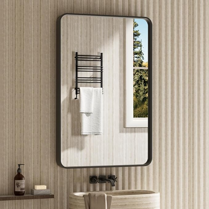 55x30 Inch Brushed Nickel Bathroom Mirror, Brushed Silver Metal Frame Mirror Wall