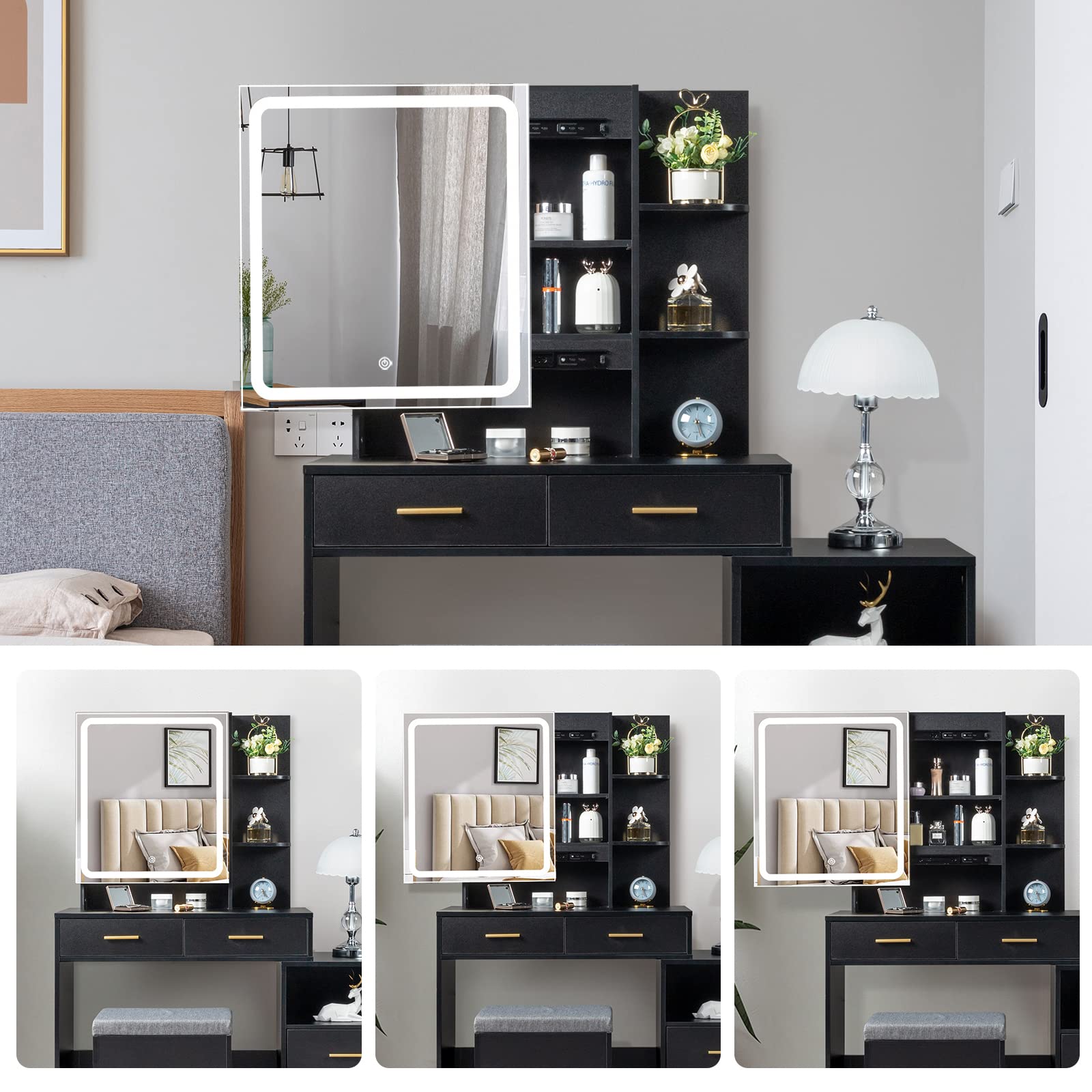 Table Set with Sliding Lighted Mirror 3-Color Lighting Makeup Desk with 4 Drawers,