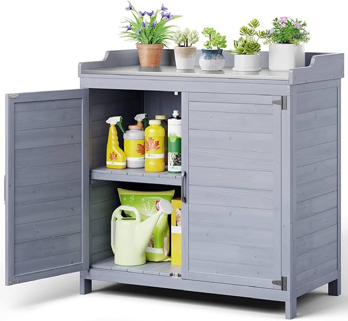 Outdoor Potting Bench with Metal Tabletop, Outdoor Garden Patio Wooden Storage Cabinet with Adjustable Shelf, Double Doors Garden Work Bench for Backyard, Patio, Lawn - Grey