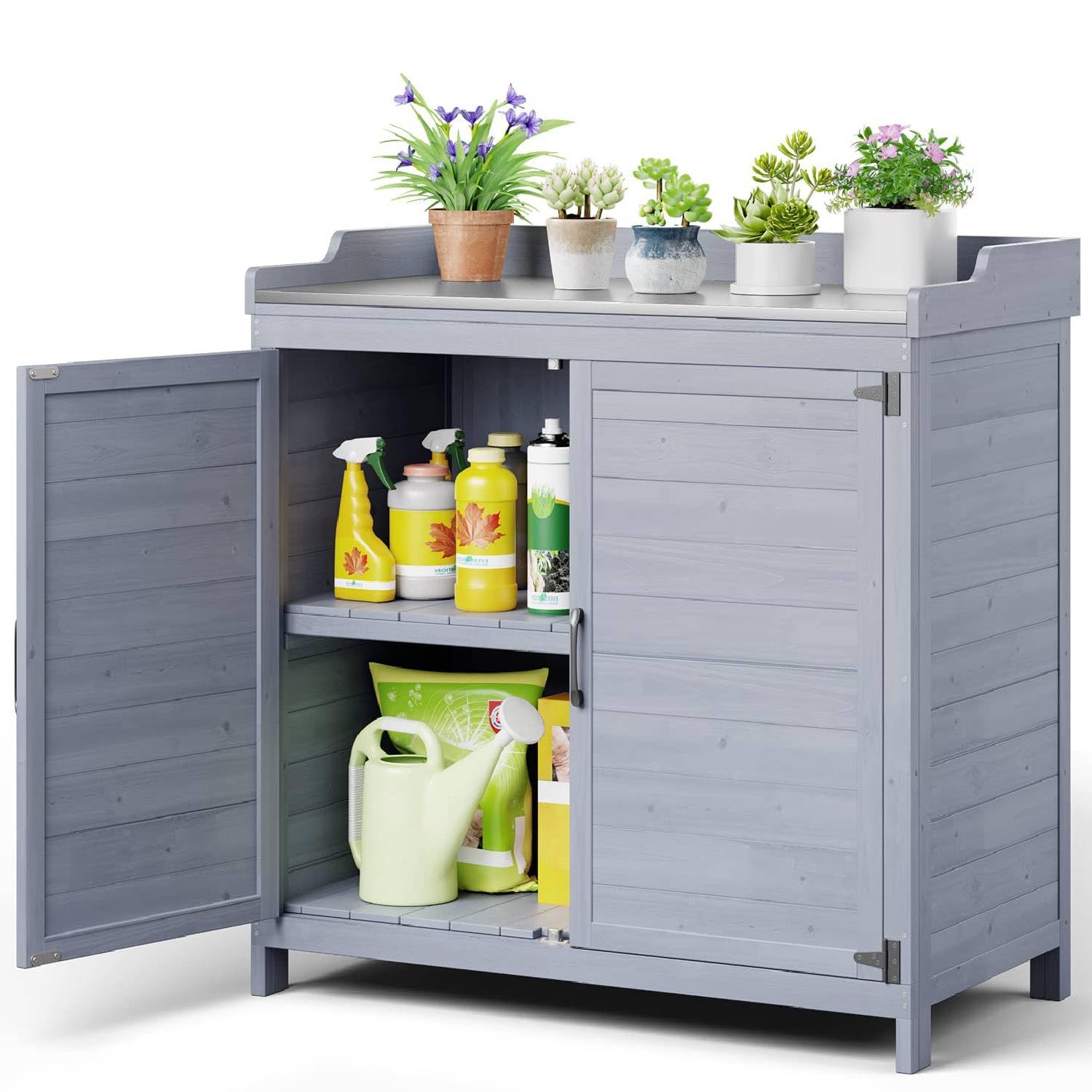 Outdoor Potting Bench with Metal Tabletop, Outdoor Garden Patio Wooden Storage Cabinet with Adjustable Shelf, Double Doors Garden Work Bench for Backyard, Patio, Lawn - Grey
