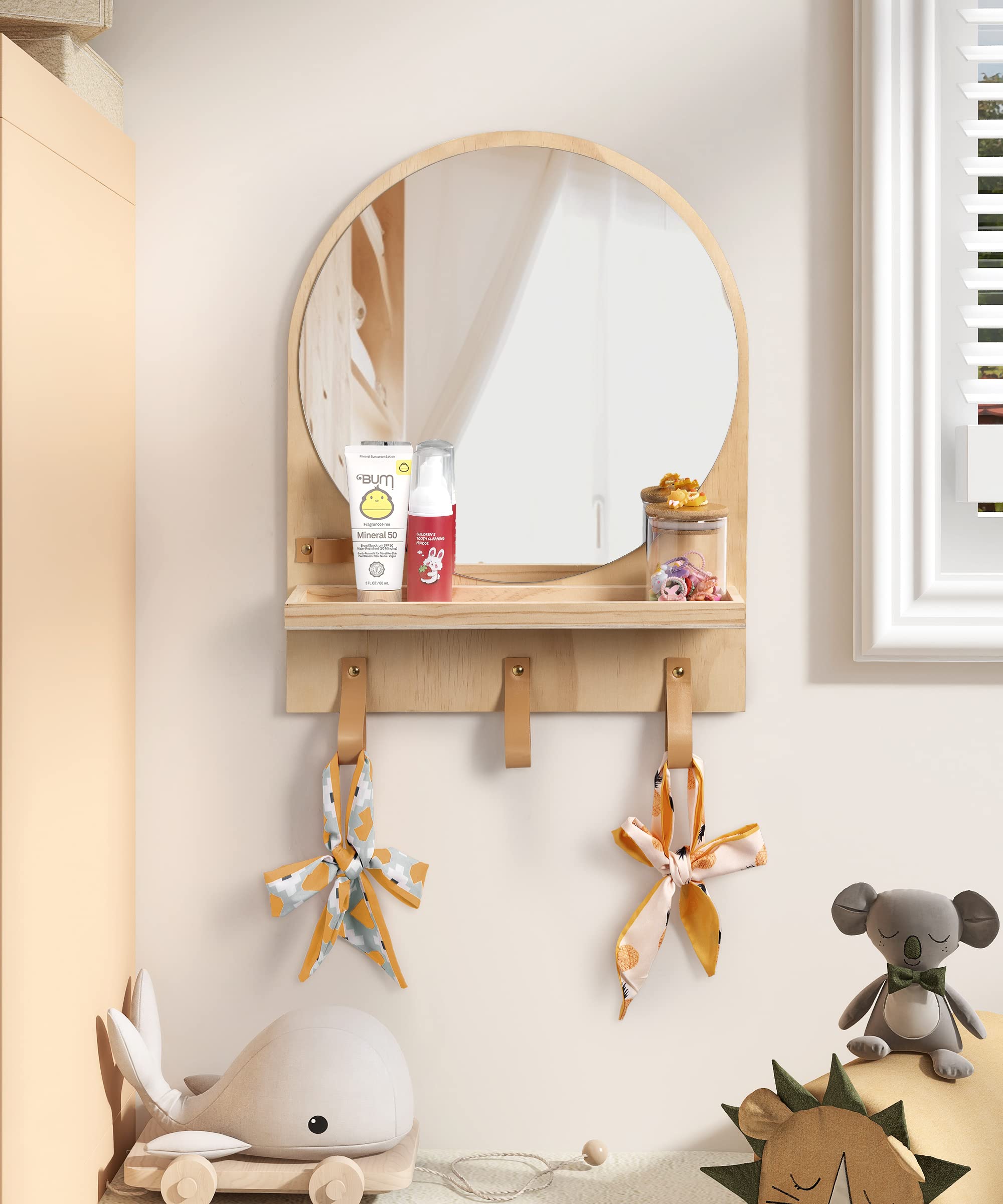 Kids Bathroom Mirror with Shelf, Entryway Home Organizer Arched Wood Boho Storage Mirrors