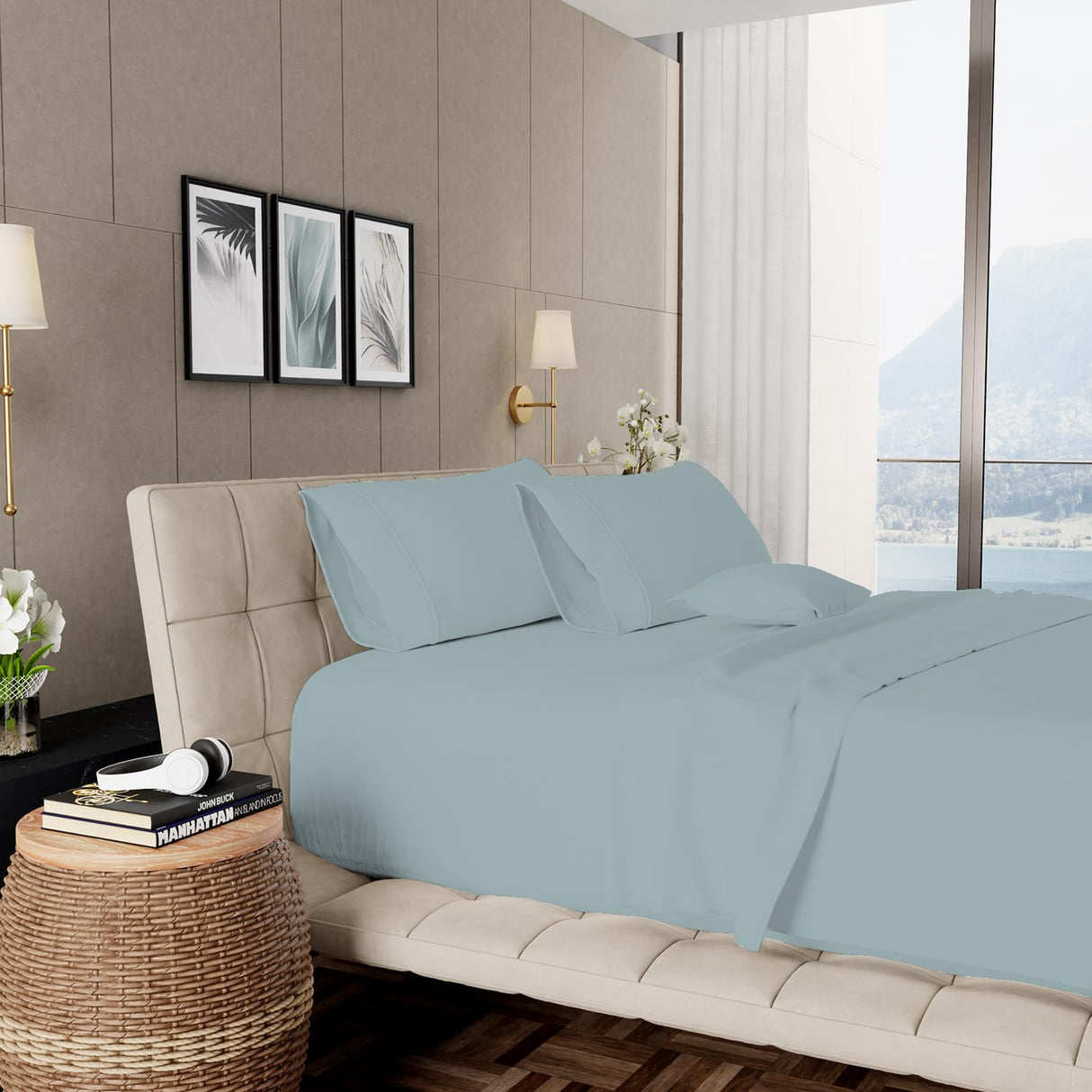 800-Thread-Count 100% Cotton Sheets, Queen Size Turquoise Set, Cooling Bedsheet