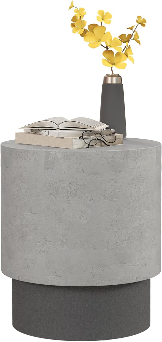 Concrete Finish End Table, Round Side Table with 4 Adjustable Feet,