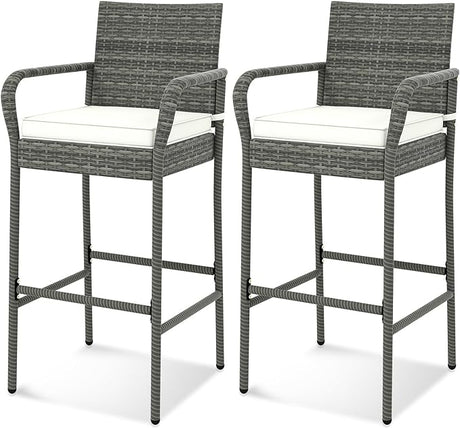 Patio Wicker Barstools Set of 2, Outdoor PE Rattan Bar Chairs with Armrests & Soft Cushiontables